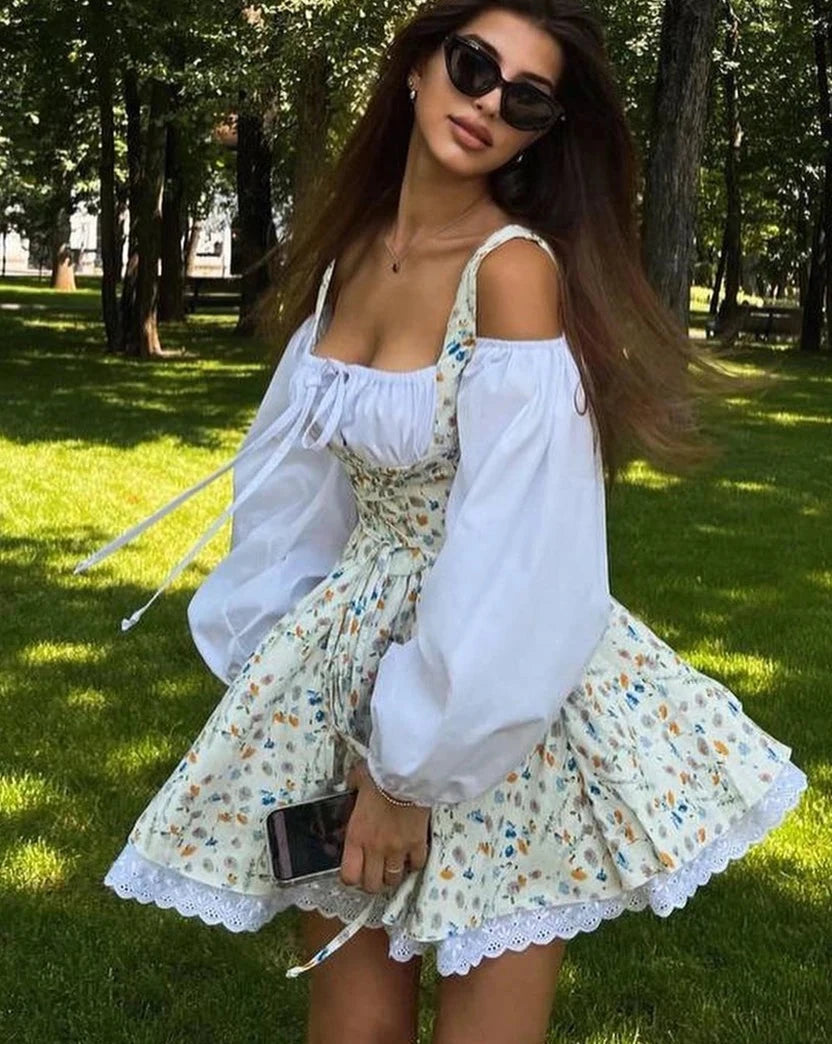 Sexy Slim Print Collar Puff Sleeve Mini Dress