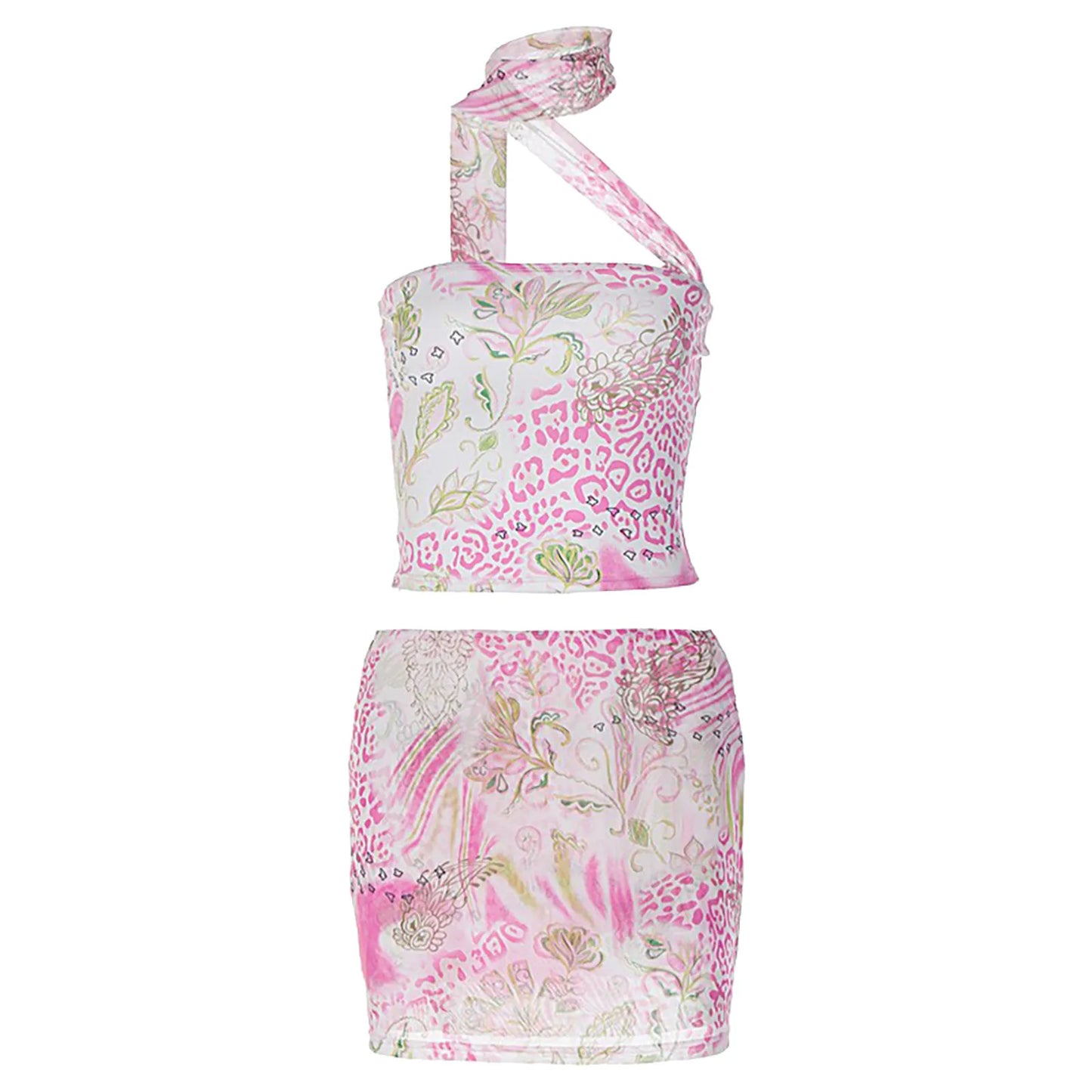 Short Cover Hip Floral Print Short Halter Neck Beach Two Pice Set