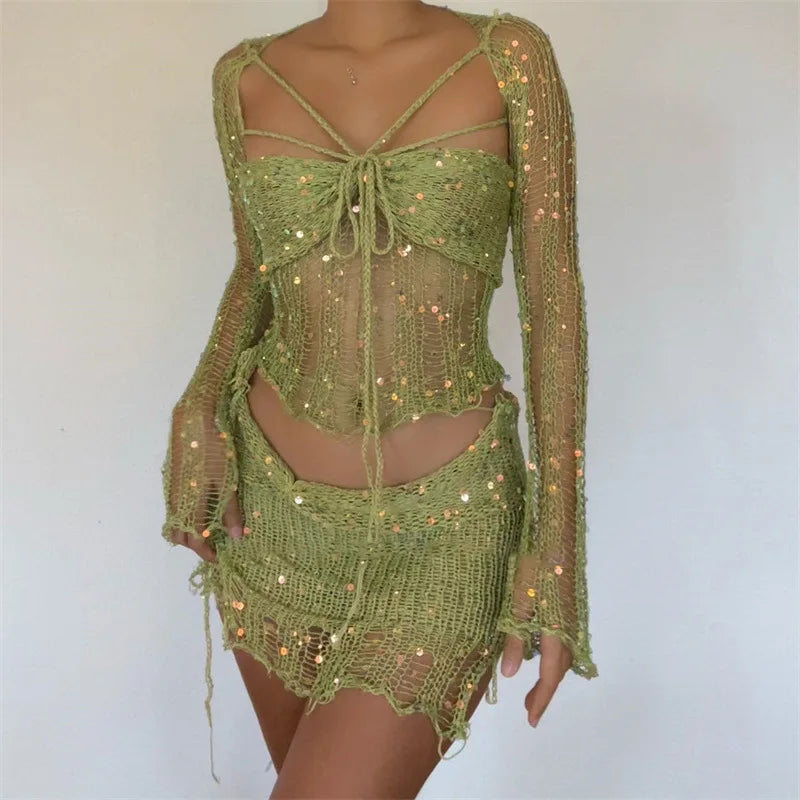 Sexy Sequined Knitted Sweater Party 3 Piece Skirt Sets