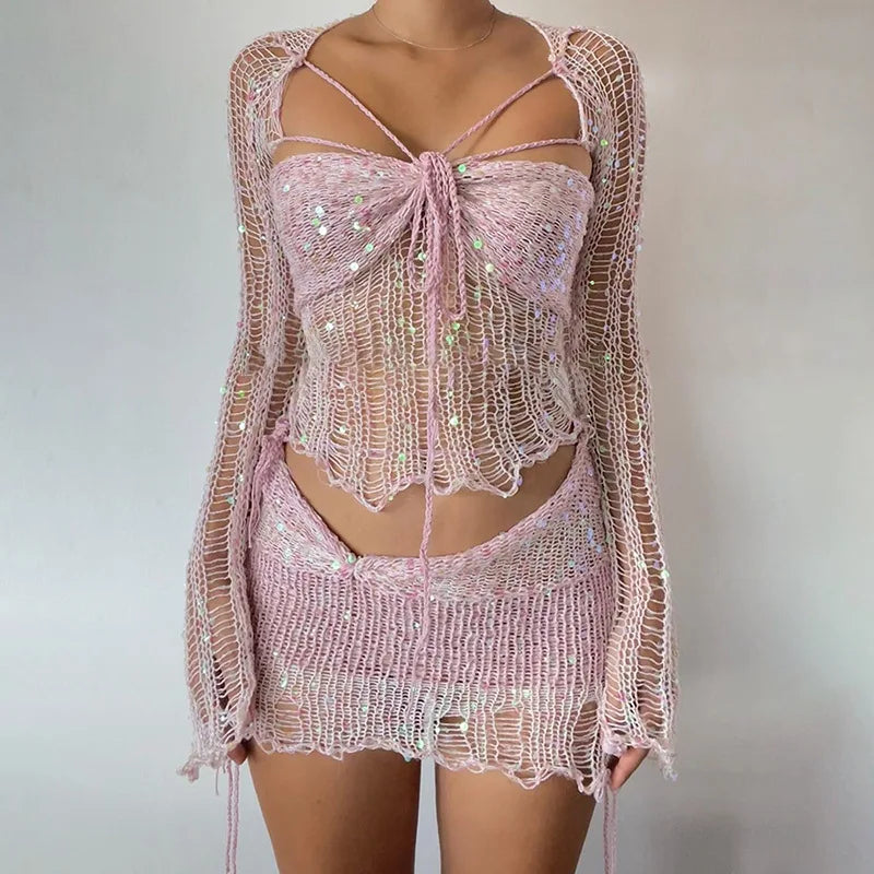 Sexy Sequined Knitted Sweater Party 3 Piece Skirt Sets