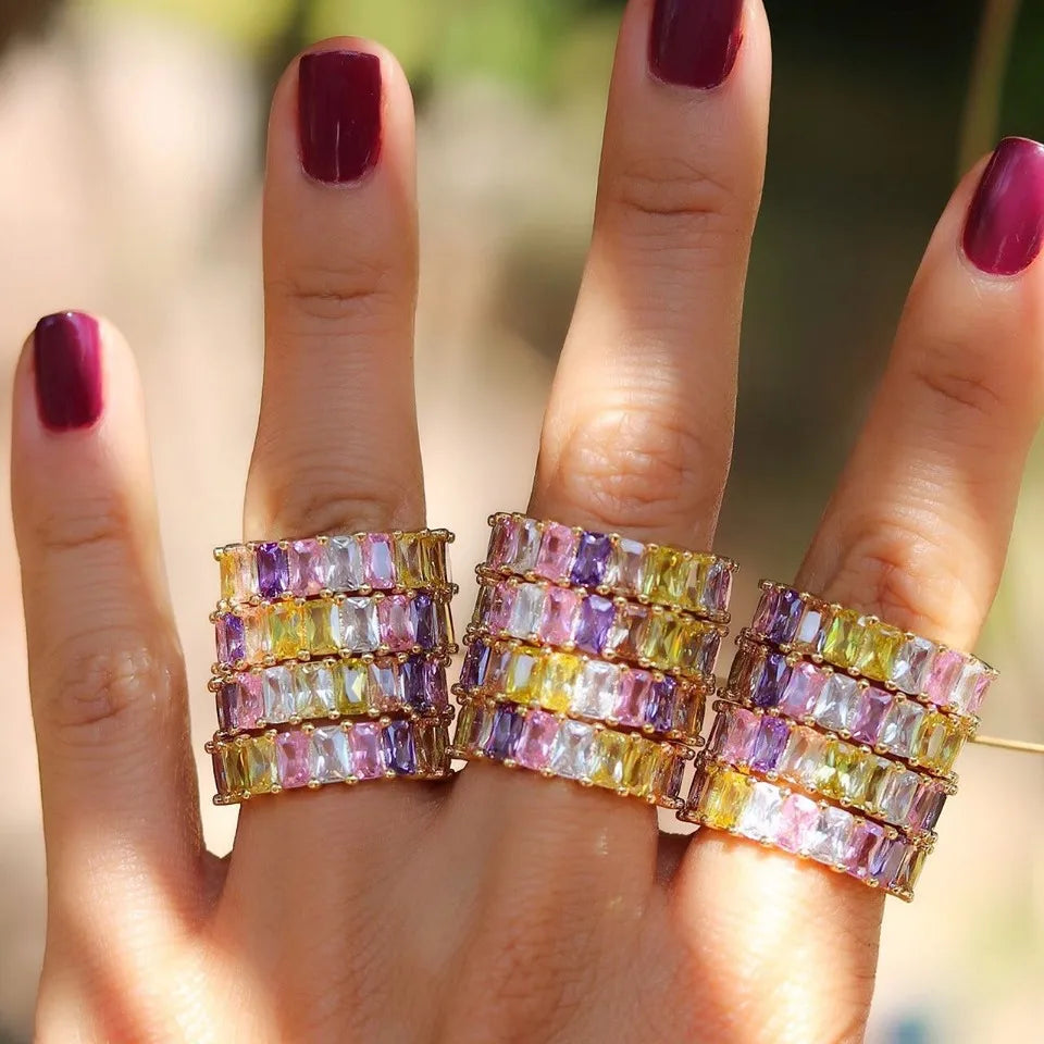 New Fashion Rainbow Square Geometry Cz  Ring