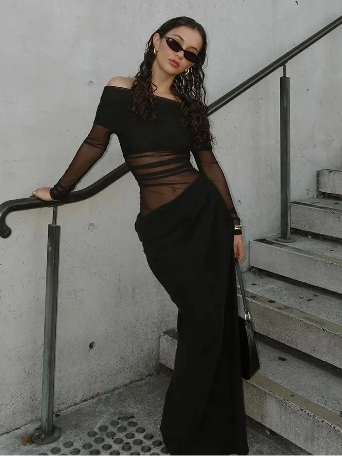 Mesh Ruched Off The Shoulder Maxi Dress