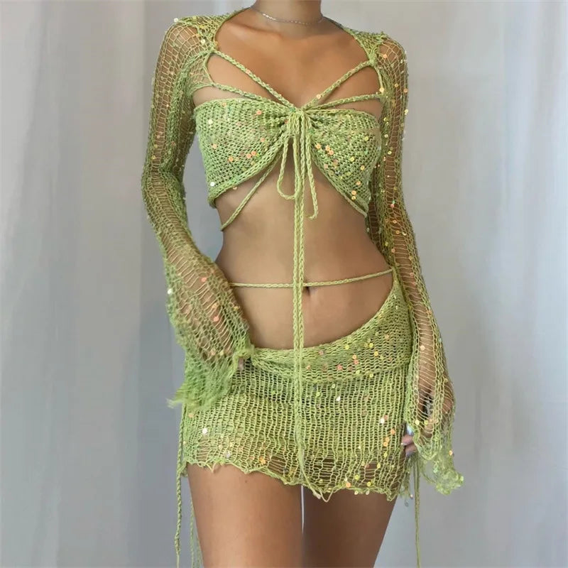 Sexy Sequined Knitted Sweater Party 3 Piece Skirt Sets