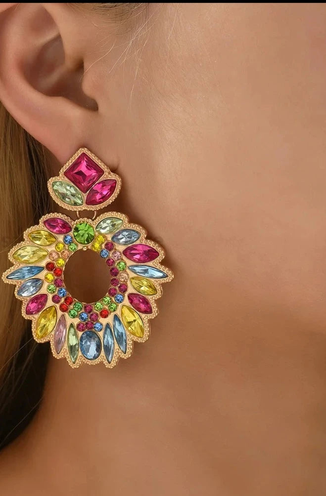 Boho Metal Full Geometric Crystal Round Big Dangle Earrings