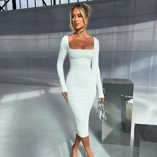 Autumn & Winter White Pleated Square Collar Long Sleeve Dress