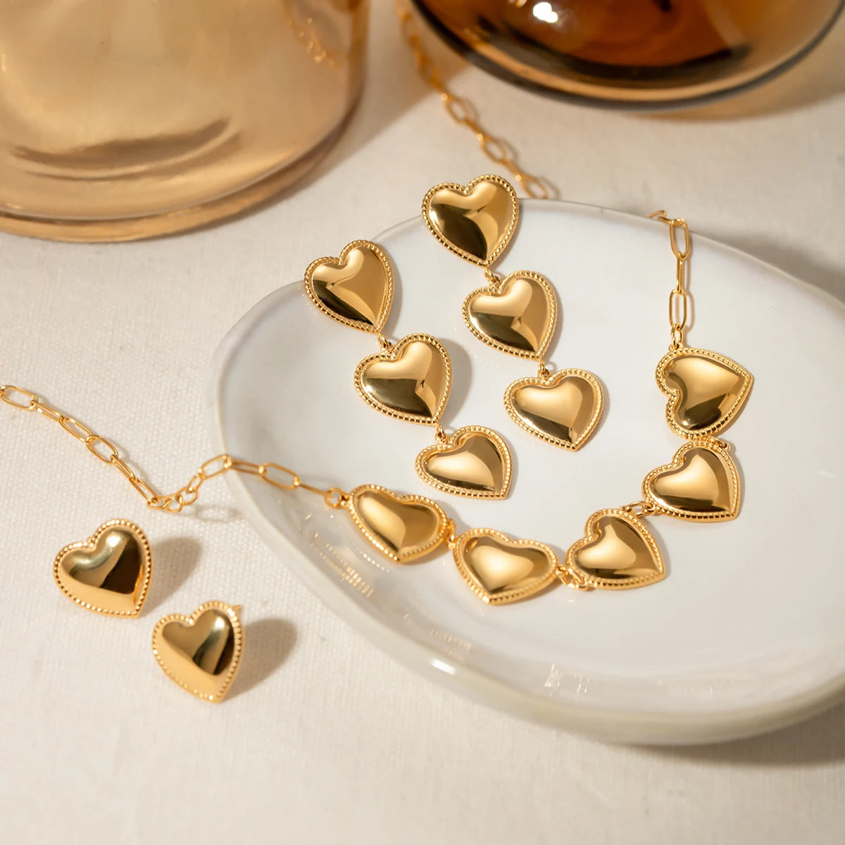 18k Gold Plated Minimalist Light Love Heart Earrings/Necklace Set