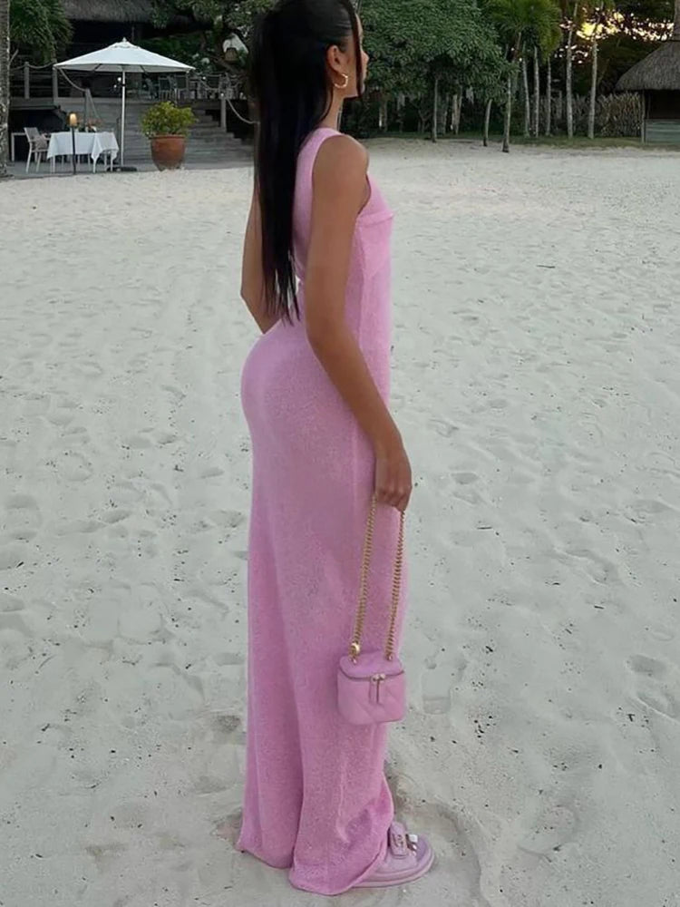 Sexy Pink Round Neck Ruched Women Maxi Beachwear