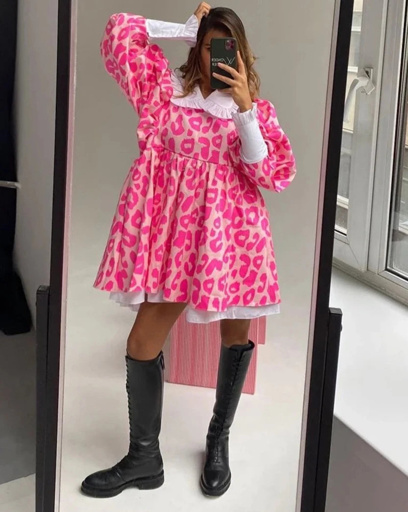 Casual Chic Doll Collar Lantern Sleeve Mini Dresses