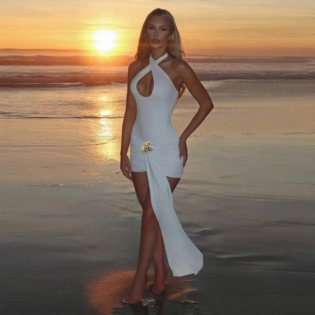 Sleeveless Halter Pleated Ribbon Dress