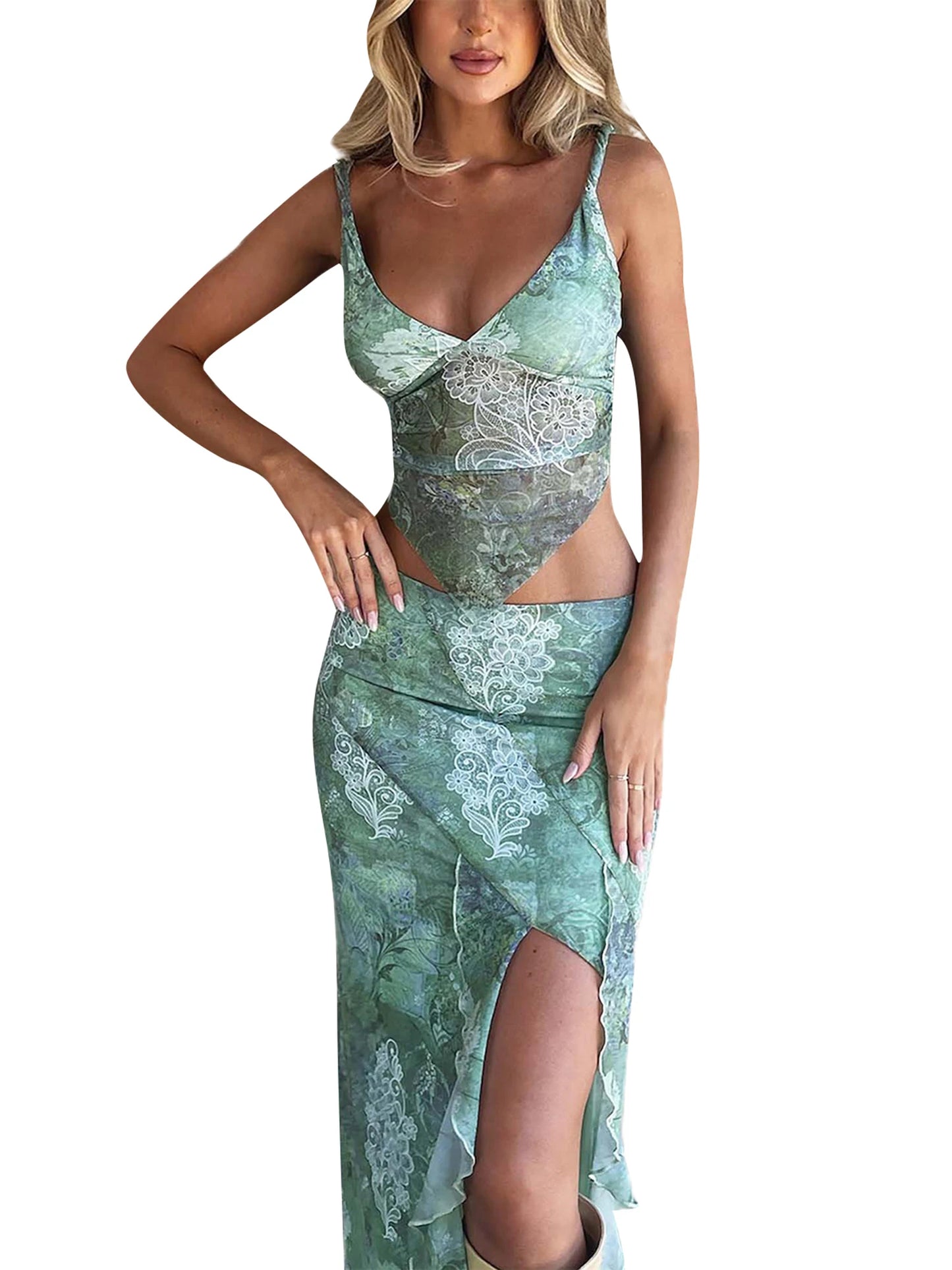 Chic Fashion Flower Print Sexy Two Piece