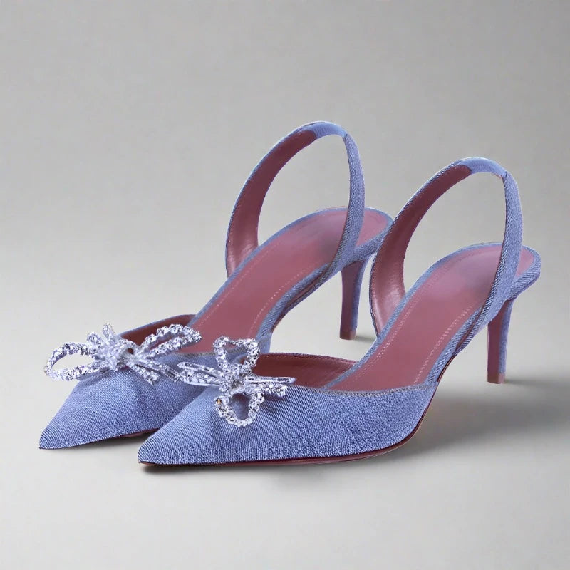 Denim Bowknot Sling backs Women Heels