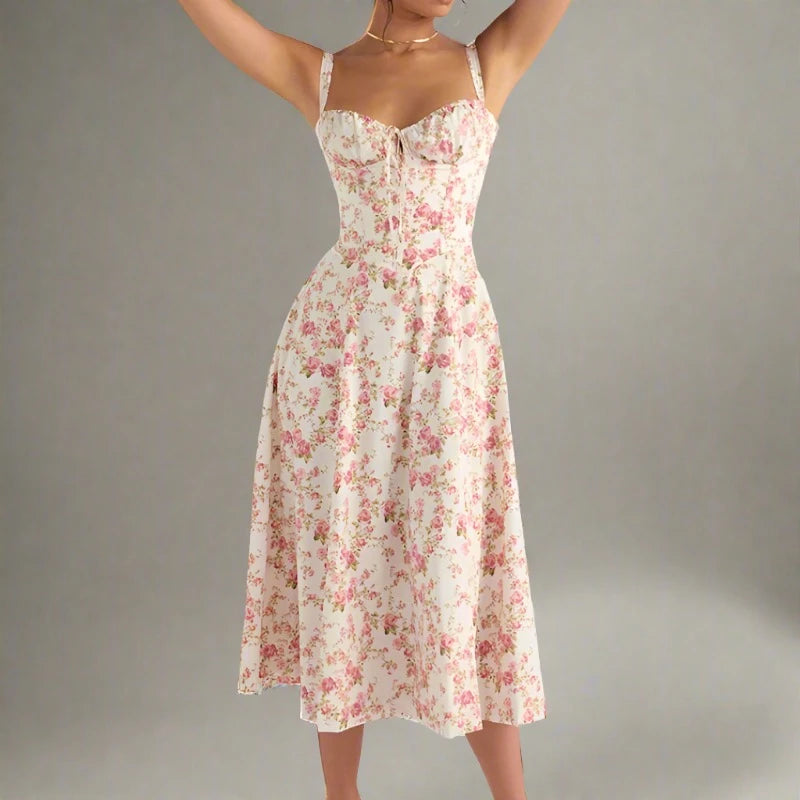 Split Thigh Midi Tie Front Solid Floral Print Beach Dresses