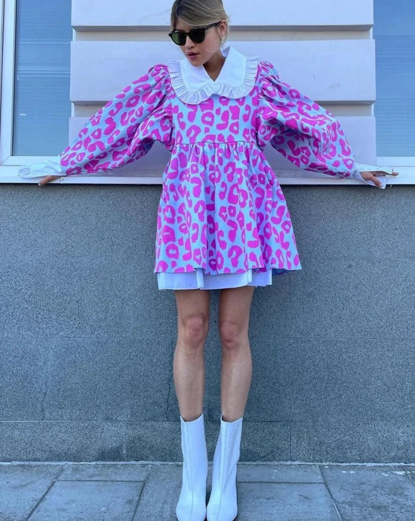 Casual Chic Doll Collar Lantern Sleeve Mini Dresses