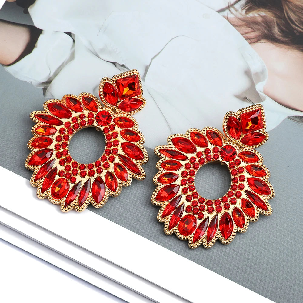 Boho Metal Full Geometric Crystal Round Big Dangle Earrings