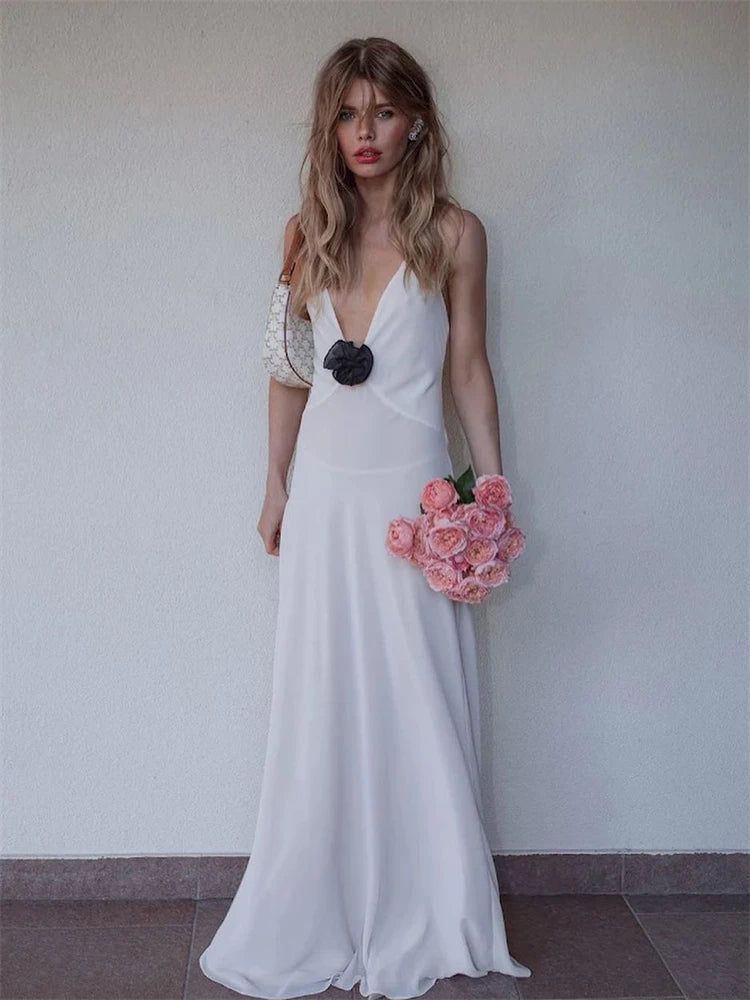 Flower Deep V-Neck Maxi  Evening Dress