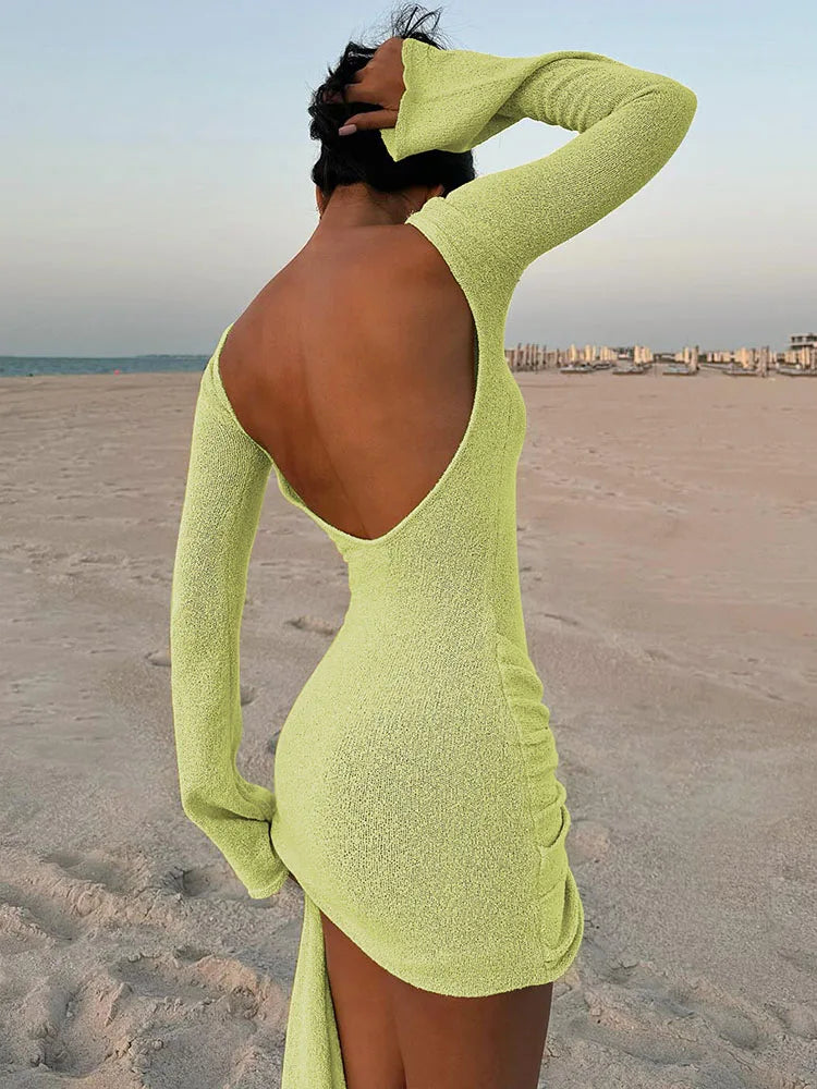 Knitted Bandage Solid Color Long Sleeve Smocked Mini