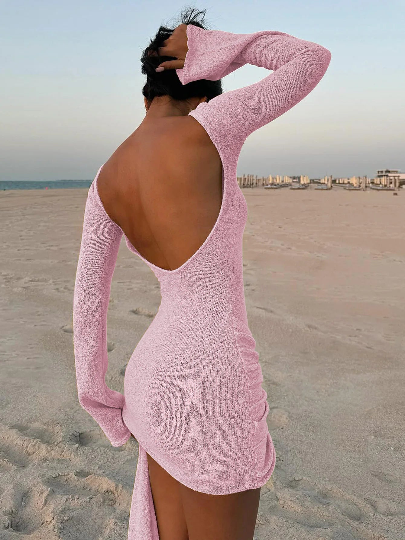 Knitted Bandage Solid Color Long Sleeve Smocked Mini