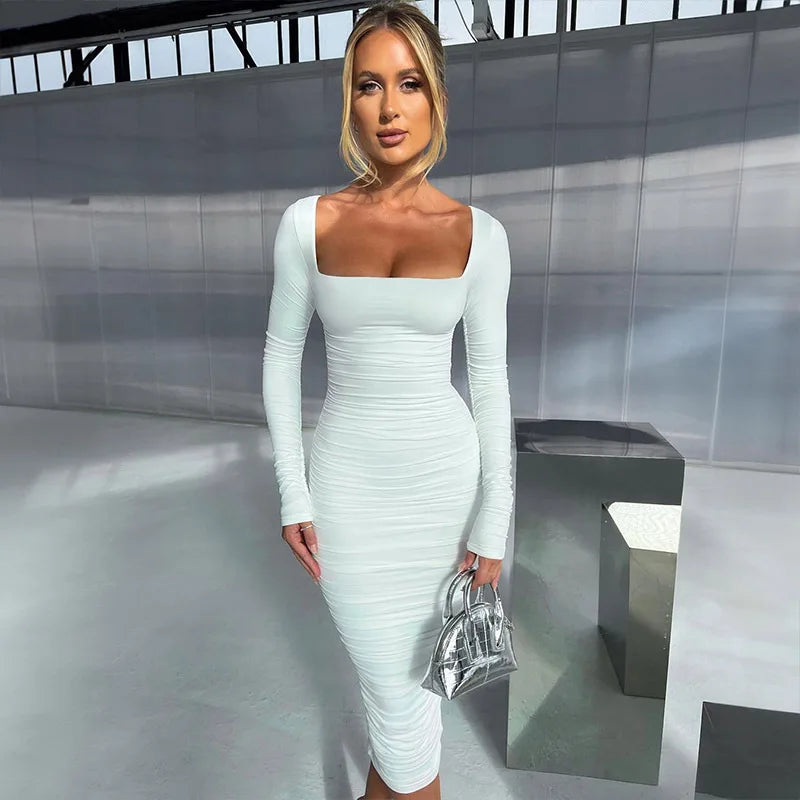 Autumn & Winter White Pleated Square Collar Long Sleeve Dress