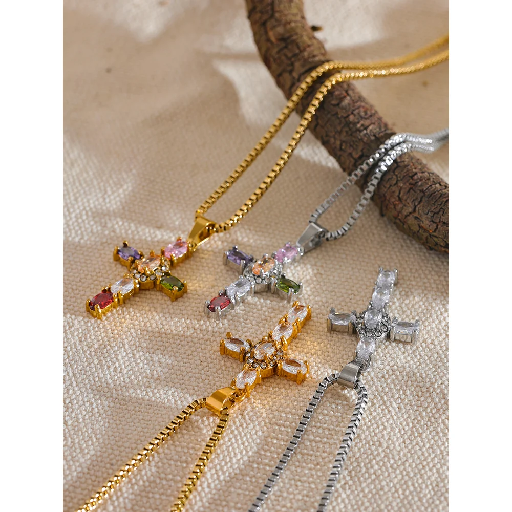 Colorful Bling Cubic Zirconia Cross Pendant Stainless Steel Luxury