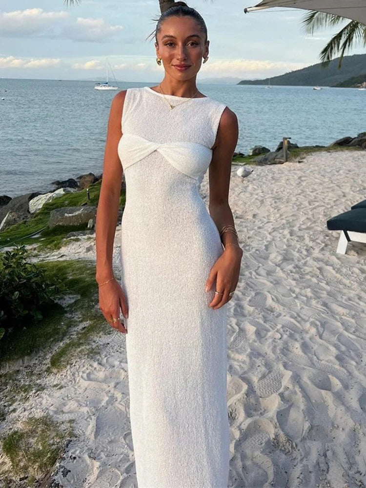 Sexy Pink Round Neck Ruched Women Maxi Beachwear