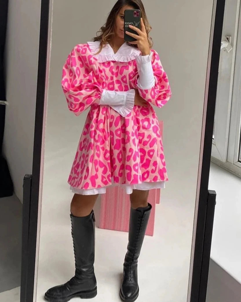 Casual Chic Doll Collar Lantern Sleeve Mini Dresses