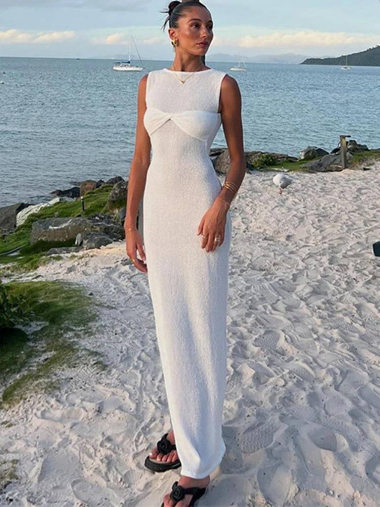 Sexy Pink Round Neck Ruched Women Maxi Beachwear