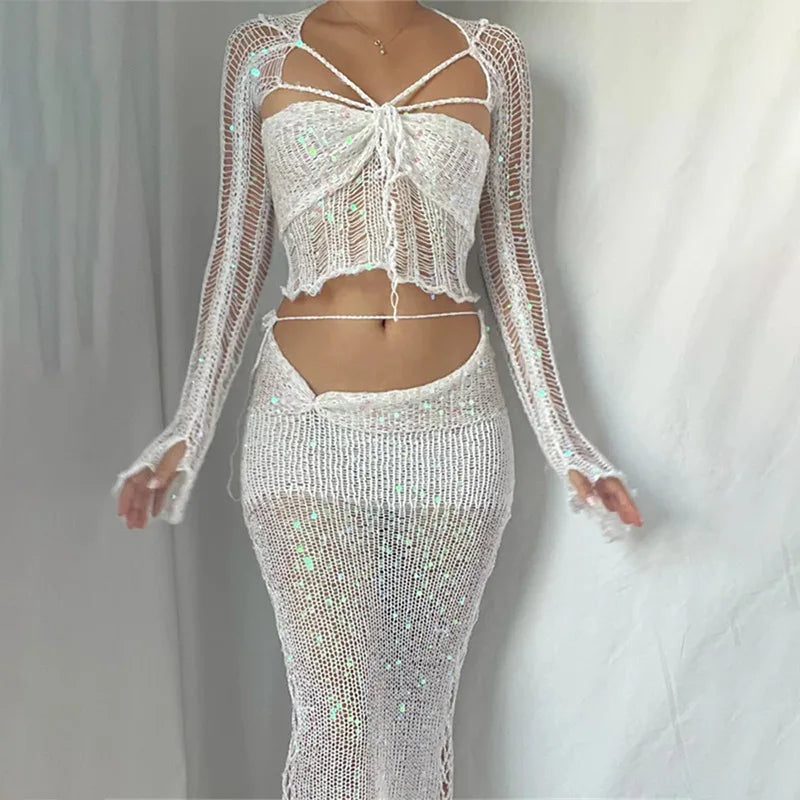 Sexy Sequined Knitted Sweater Party 3 Piece Skirt Sets