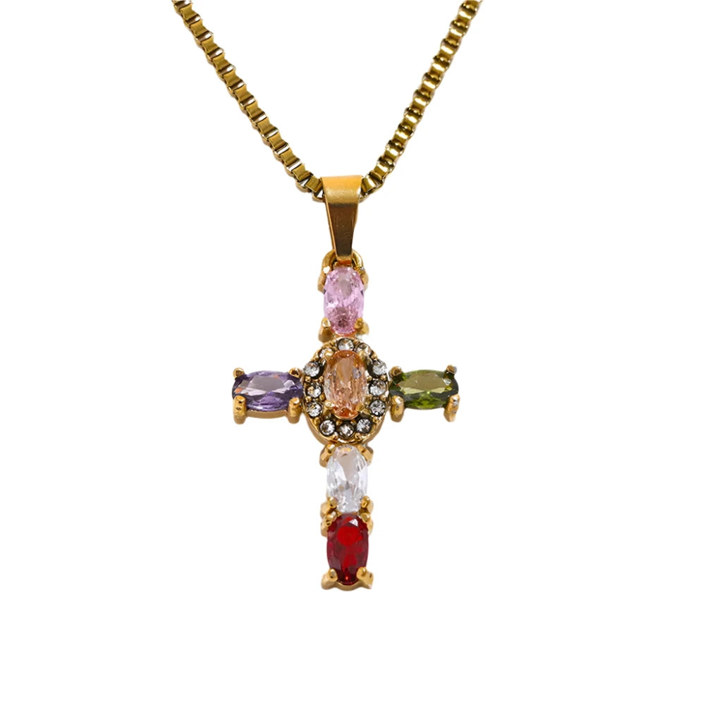 Colorful Bling Cubic Zirconia Cross Pendant Stainless Steel Luxury