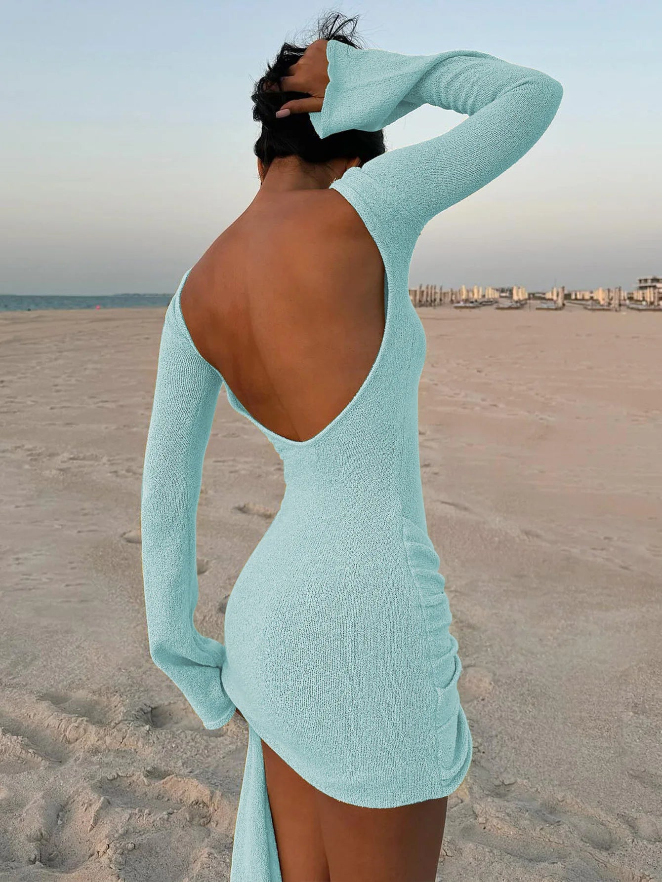 Knitted Bandage Solid Color Long Sleeve Smocked Mini