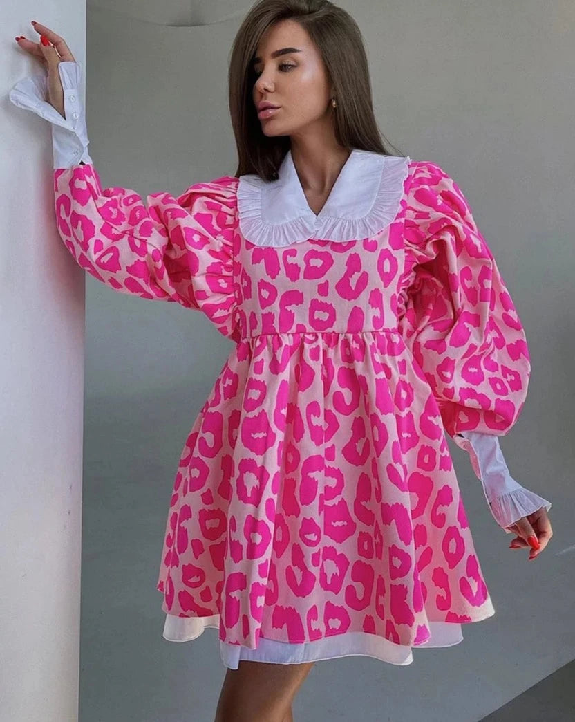 Casual Chic Doll Collar Lantern Sleeve Mini Dresses